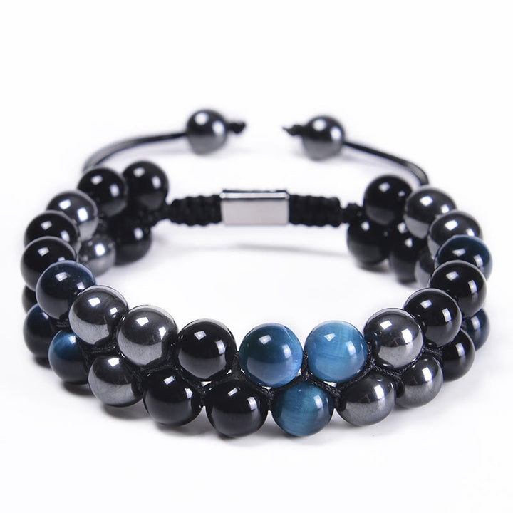 Pulsera de protección de doble hilera de cuentas de obsidiana negra con magnetita negra y ojo de tigre azul natural de Buddha Stones