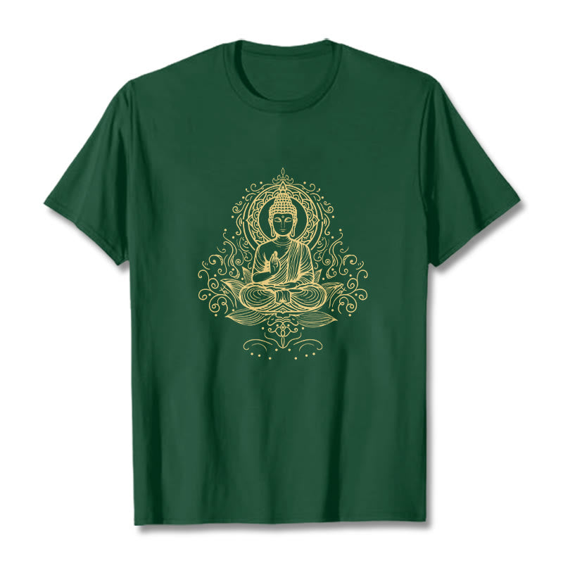 Camiseta de Buda con Buddha Stones, flores de loto y vides para meditación - Verde bosque - 2XL - image 0