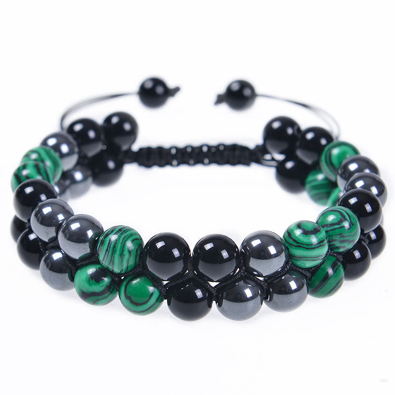 Pulsera antiansiedad con cuentas de doble fila de obsidiana negra, magnetita negra y malaquita natural de Buddha Stones