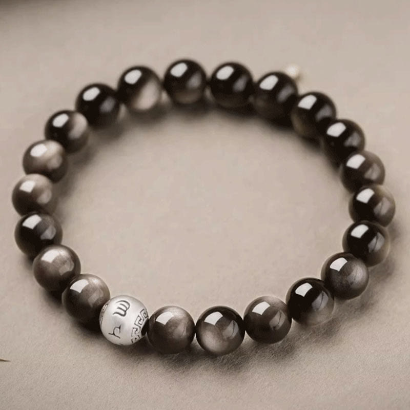 Pulsera de obsidiana con Buddha Stones y brillo plateado natural, protección Om Mani Padme Hum