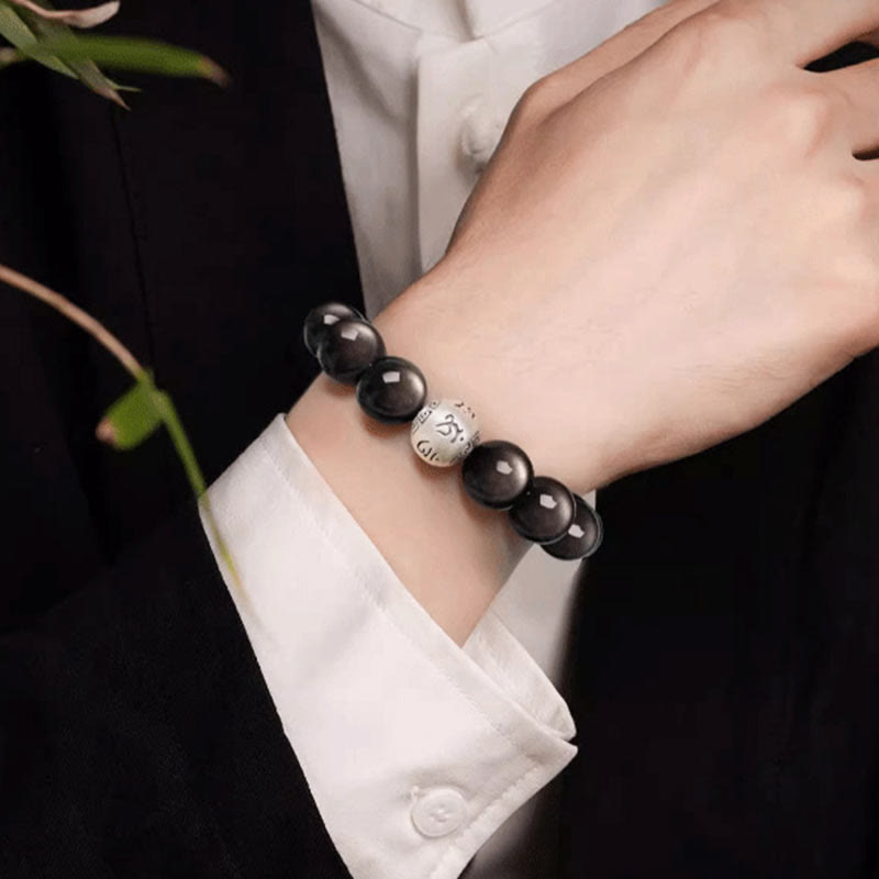 Pulsera de obsidiana con Buddha Stones y brillo plateado natural, protección Om Mani Padme Hum