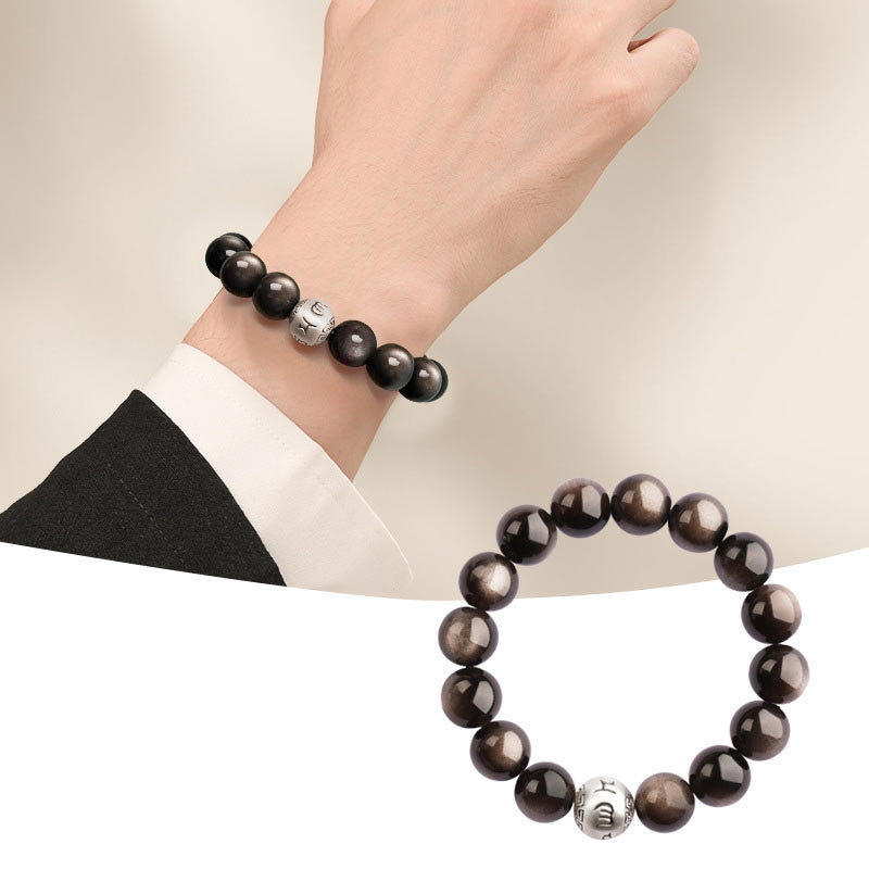 Pulsera de obsidiana con Buddha Stones y brillo plateado natural, protección Om Mani Padme Hum