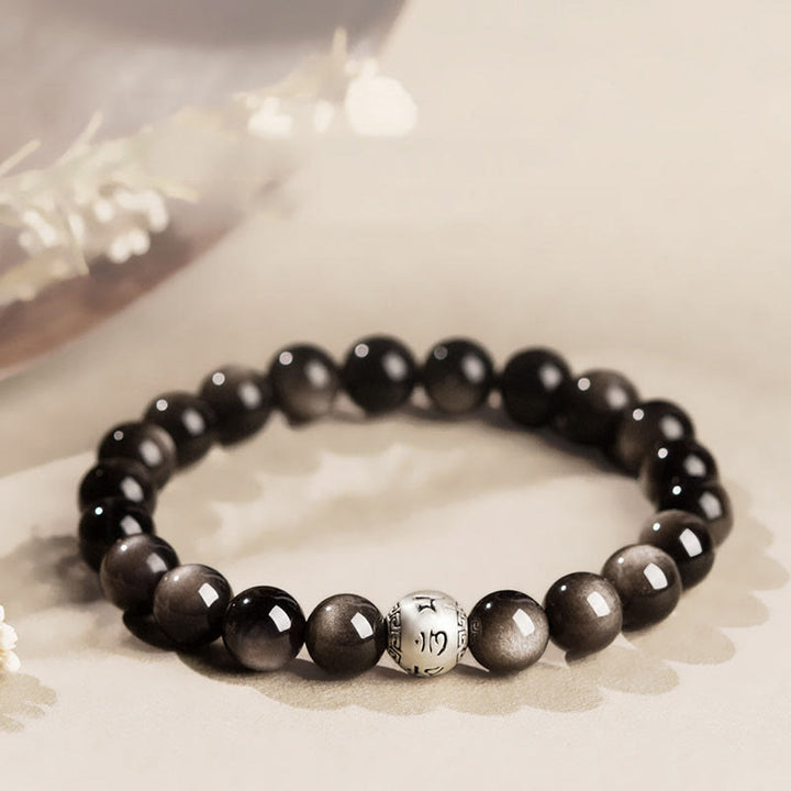 Pulsera de obsidiana con Buddha Stones y brillo plateado natural, protección Om Mani Padme Hum