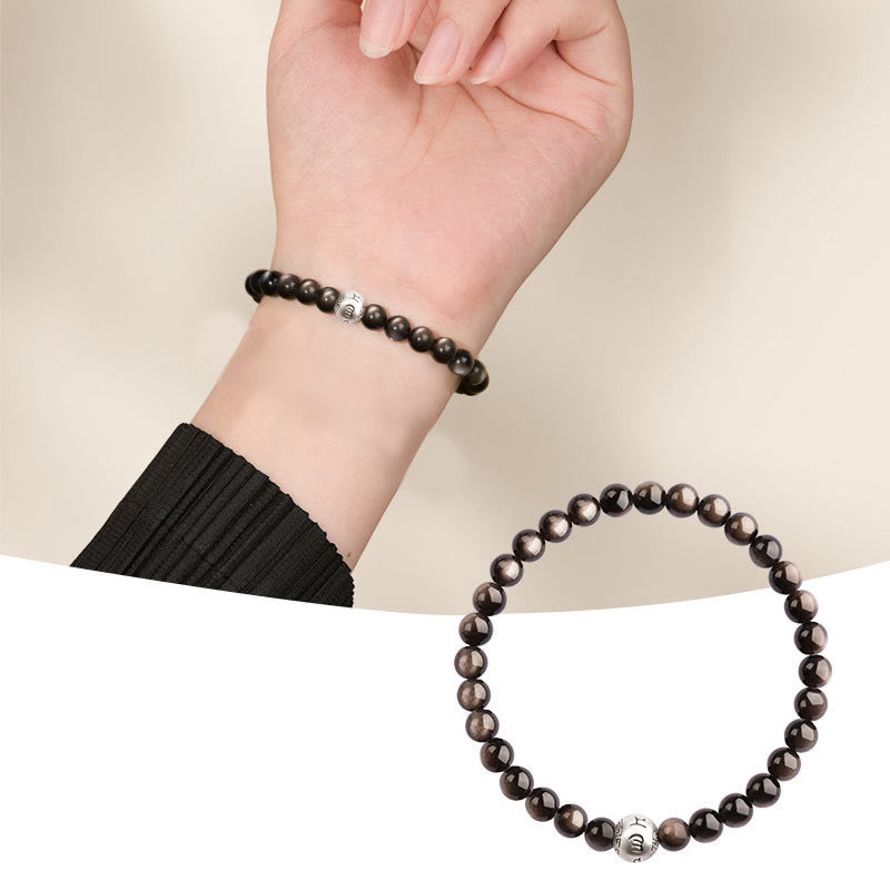 Pulsera de obsidiana con Buddha Stones y brillo plateado natural, protección Om Mani Padme Hum