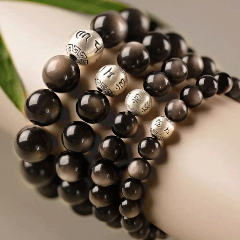 Pulsera de obsidiana con Buddha Stones y brillo plateado natural, protección Om Mani Padme Hum