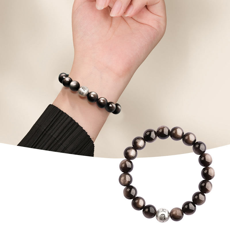 Pulsera de obsidiana con Buddha Stones y brillo plateado natural, protección Om Mani Padme Hum