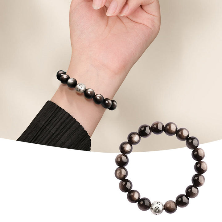 Pulsera de obsidiana con Buddha Stones y brillo plateado natural, protección Om Mani Padme Hum