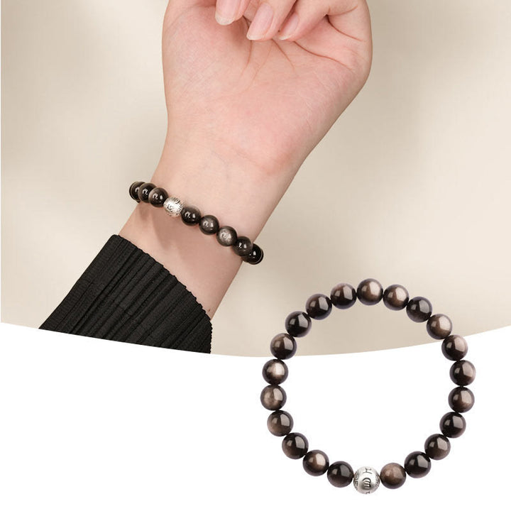 Pulsera de obsidiana con Buddha Stones y brillo plateado natural, protección Om Mani Padme Hum