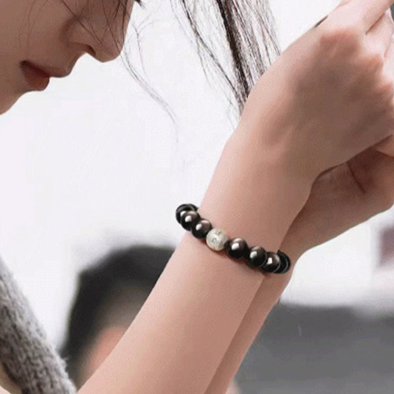 Pulsera de obsidiana con Buddha Stones y brillo plateado natural, protección Om Mani Padme Hum