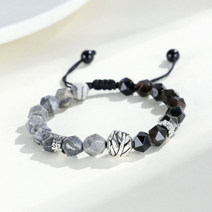 Pulsera protectora de cuentas de hojas enrolladas en plata de ley 925 con obsidiana gris jaspe de corte irregular natural y Buddha Stones