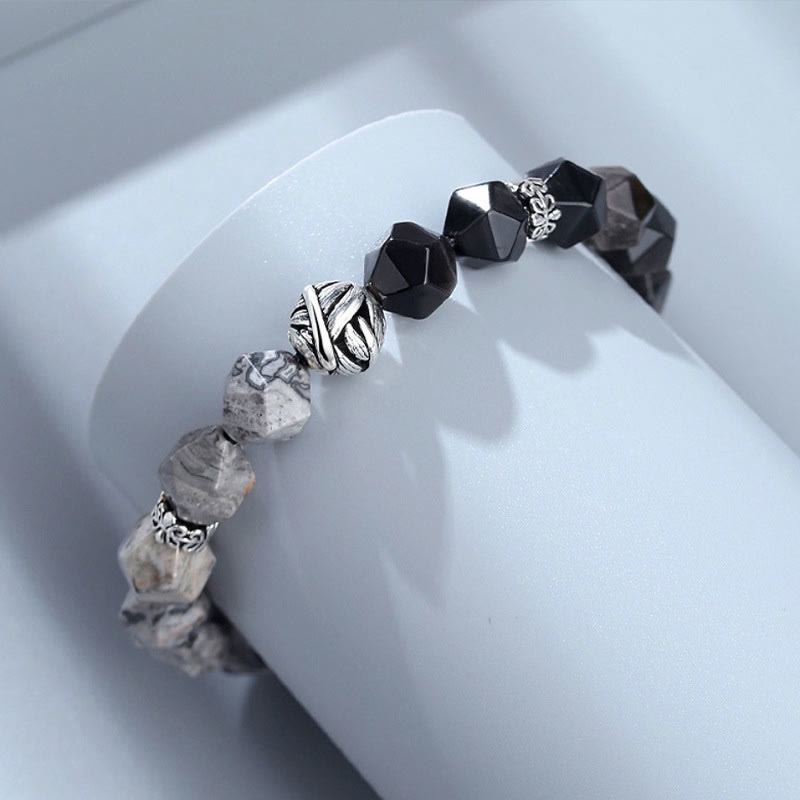 Pulsera protectora de cuentas de hojas enrolladas en plata de ley 925 con obsidiana gris jaspe de corte irregular natural y Buddha Stones