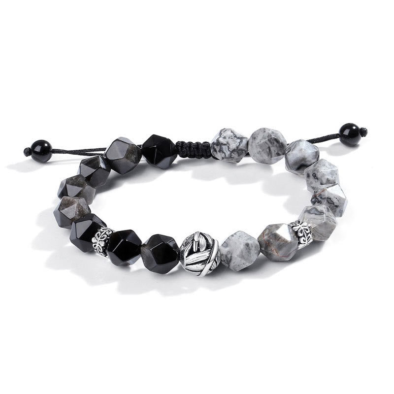 Pulsera protectora de cuentas de hojas enrolladas en plata de ley 925 con obsidiana gris jaspe de corte irregular natural y Buddha Stones