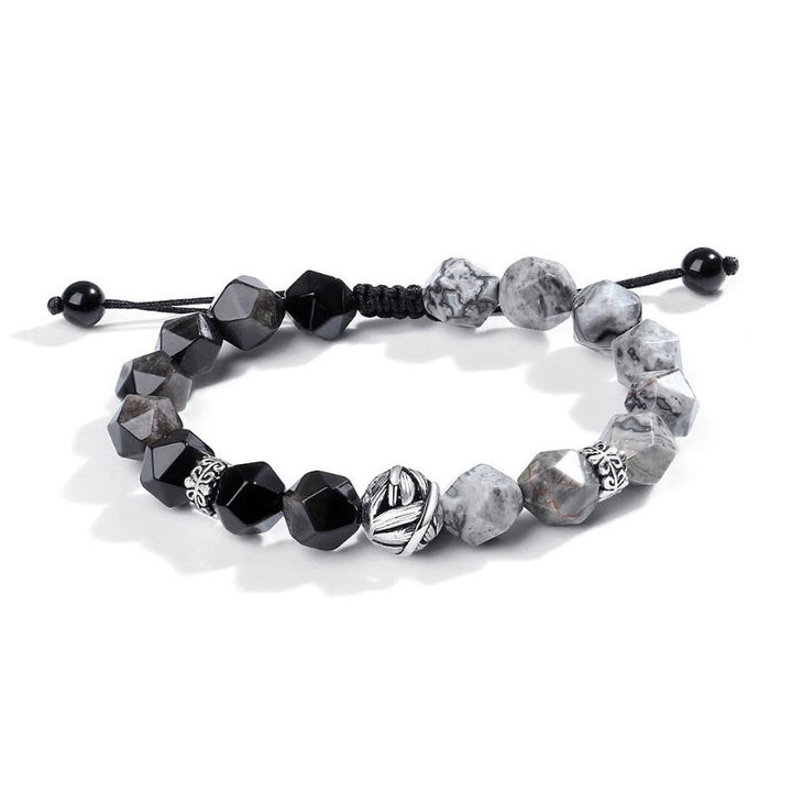 Pulsera protectora de cuentas de hojas enrolladas en plata de ley 925 con obsidiana gris jaspe de corte irregular natural y Buddha Stones