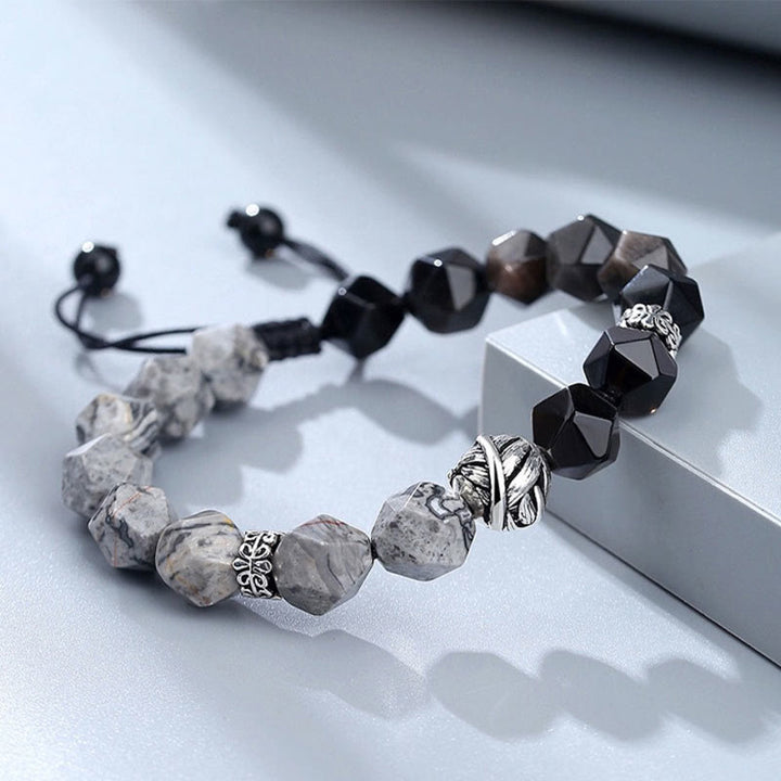 Pulsera protectora de cuentas de hojas enrolladas en plata de ley 925 con obsidiana gris jaspe de corte irregular natural y Buddha Stones