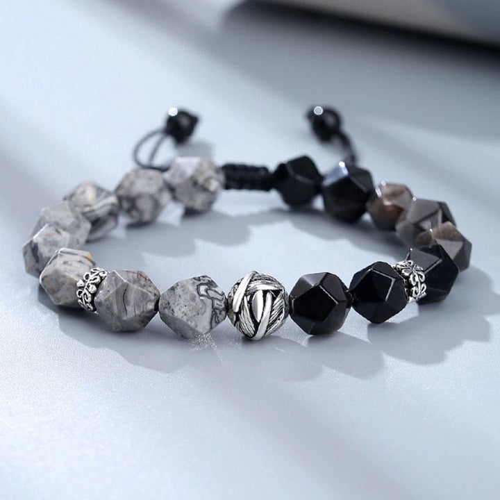 Pulsera protectora de cuentas de hojas enrolladas en plata de ley 925 con obsidiana gris jaspe de corte irregular natural y Buddha Stones