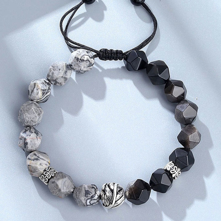 Pulsera protectora de cuentas de hojas enrolladas en plata de ley 925 con obsidiana gris jaspe de corte irregular natural y Buddha Stones