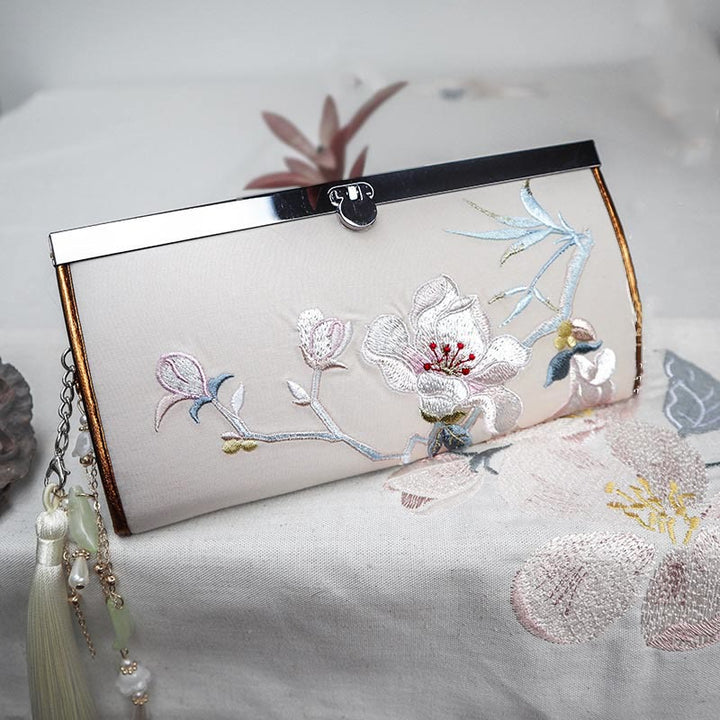 Cartera portamonedas de gran capacidad con bordado de doble cara y flor de magnolia de Buddha Stones
