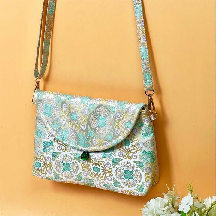 Bolso bandolera de poliéster y algodón con bordado de flores retro y Buddha Stones