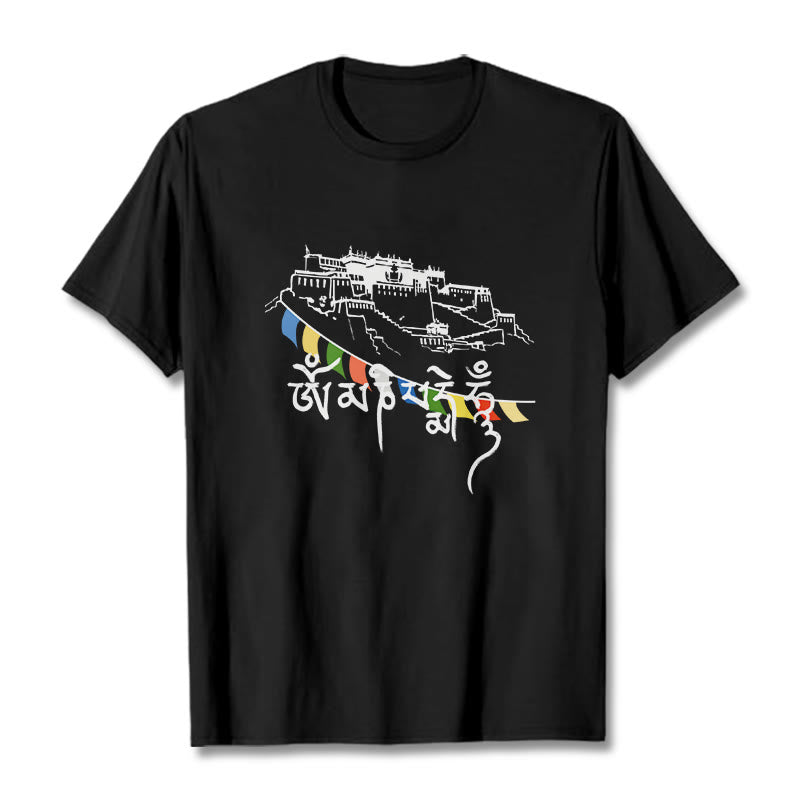 Camiseta de algodón con banderas de oración Om Mani Padme Hum y Buddha Stones en el Palacio de Potala - Negro - 2XL - image 4