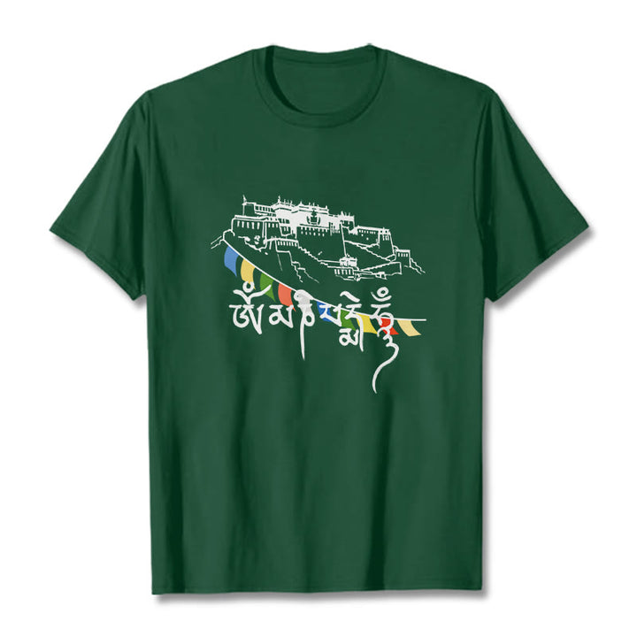 Camiseta de algodón con banderas de oración Om Mani Padme Hum y Buddha Stones en el Palacio de Potala - Verde bosque - 2XL - image 2