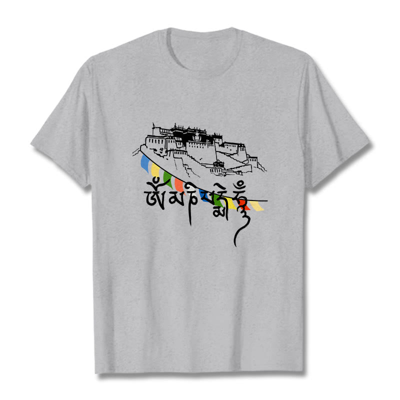Camiseta de algodón con banderas de oración Om Mani Padme Hum y Buddha Stones en el Palacio de Potala - Gris claro - 2XL - image 1