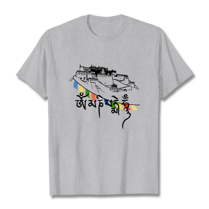 Camiseta de algodón con banderas de oración Om Mani Padme Hum y Buddha Stones en el Palacio de Potala - Gris claro - 2XL - image 1