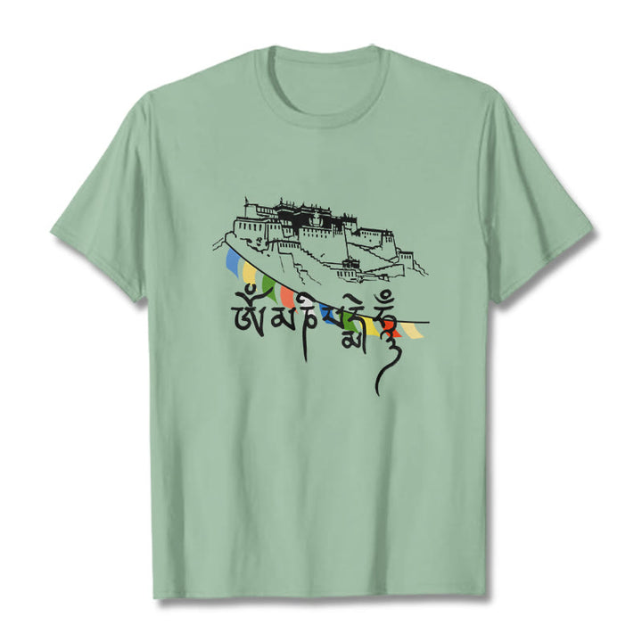 Camiseta de algodón con banderas de oración Om Mani Padme Hum y Buddha Stones en el Palacio de Potala - Verde pálido - 2XL - image 14