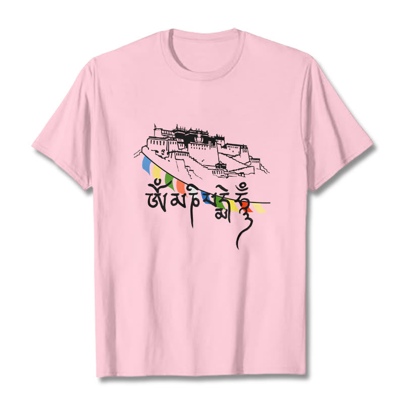 Camiseta de algodón con banderas de oración Om Mani Padme Hum y Buddha Stones en el Palacio de Potala - rosa claro - 2XL - image 18