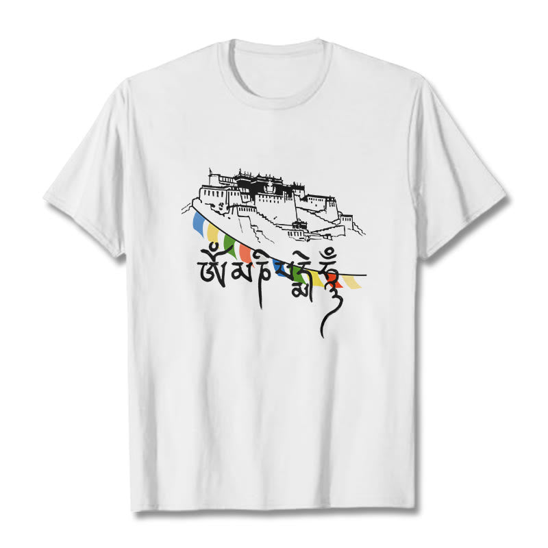Camiseta de algodón con banderas de oración Om Mani Padme Hum y Buddha Stones en el Palacio de Potala - Blanco - 2XL - image 11