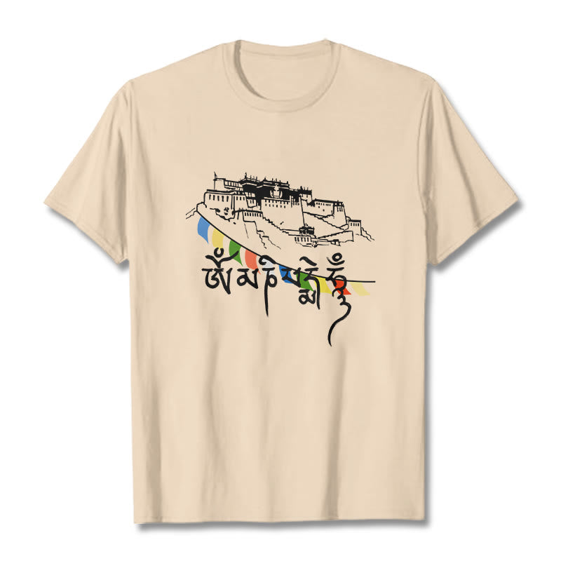 Camiseta de algodón con banderas de oración Om Mani Padme Hum y Buddha Stones en el Palacio de Potala - Sopa de mariscos - 2XL - image 10
