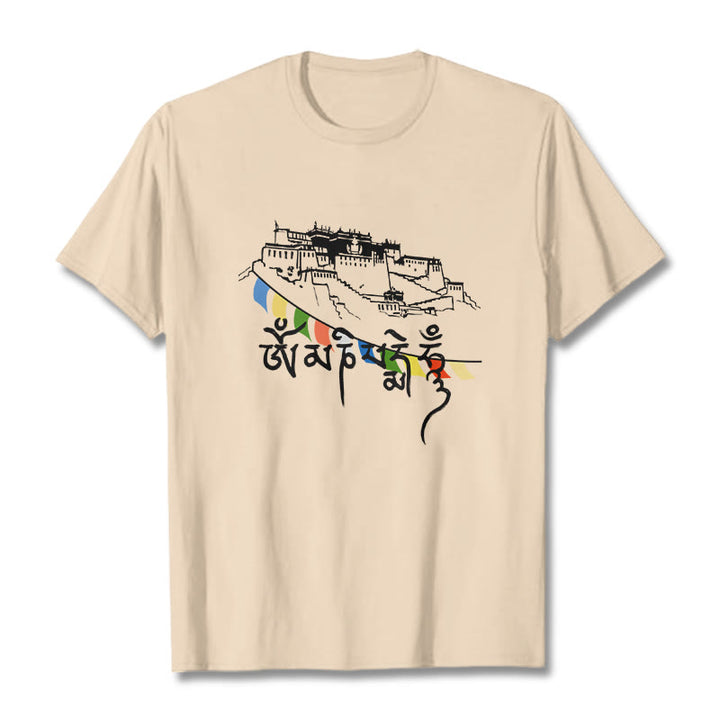 Camiseta de algodón con banderas de oración Om Mani Padme Hum y Buddha Stones en el Palacio de Potala - Sopa de mariscos - 2XL - image 10