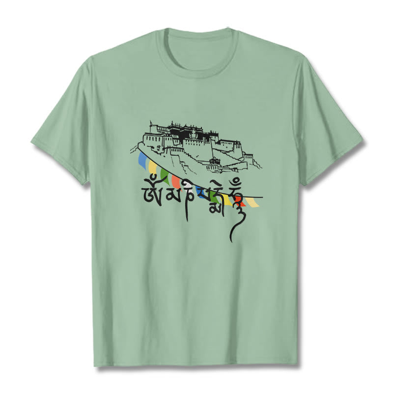 Camiseta de algodón con banderas de oración Om Mani Padme Hum y Buddha Stones en el Palacio de Potala - Verde pálido - 2XL - image 15