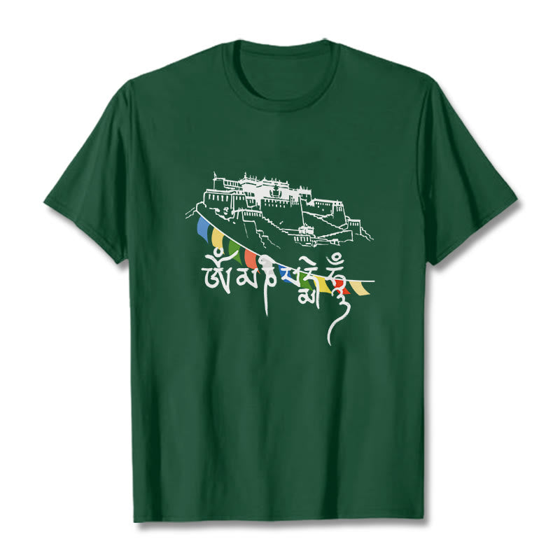 Camiseta de algodón con banderas de oración Om Mani Padme Hum y Buddha Stones en el Palacio de Potala - Verde bosque - 2XL - image 3