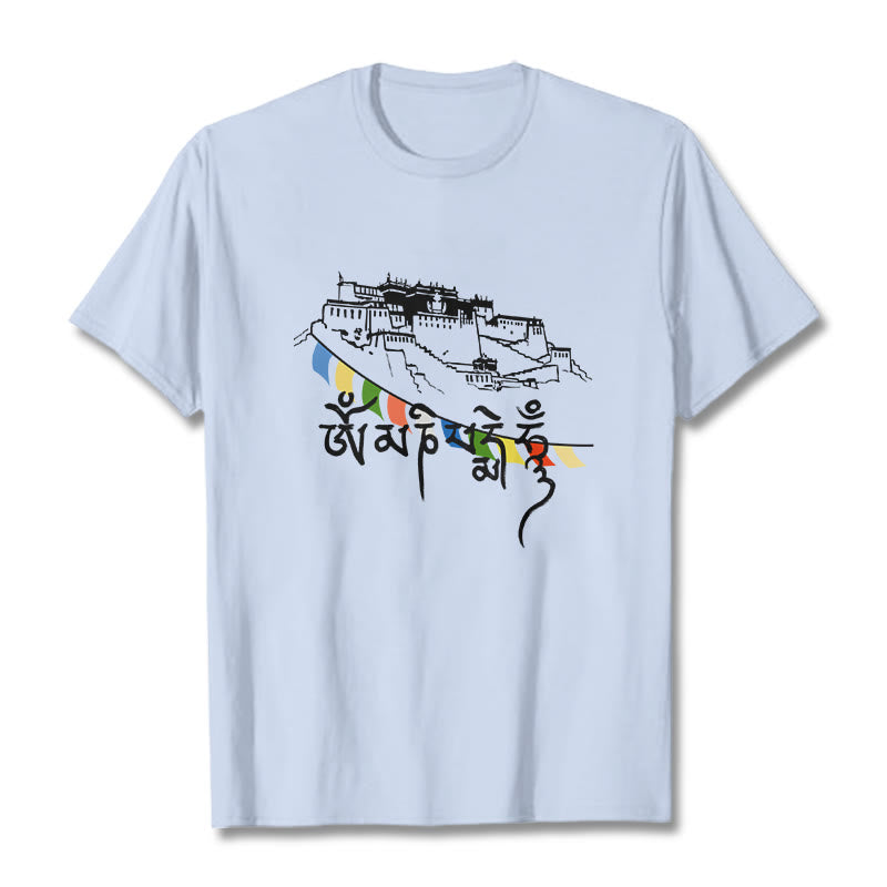 Camiseta de algodón con banderas de oración Om Mani Padme Hum y Buddha Stones en el Palacio de Potala - Cian claro - 2XL - image 9