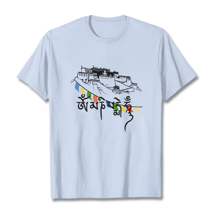 Camiseta de algodón con banderas de oración Om Mani Padme Hum y Buddha Stones en el Palacio de Potala - Cian claro - 2XL - image 9