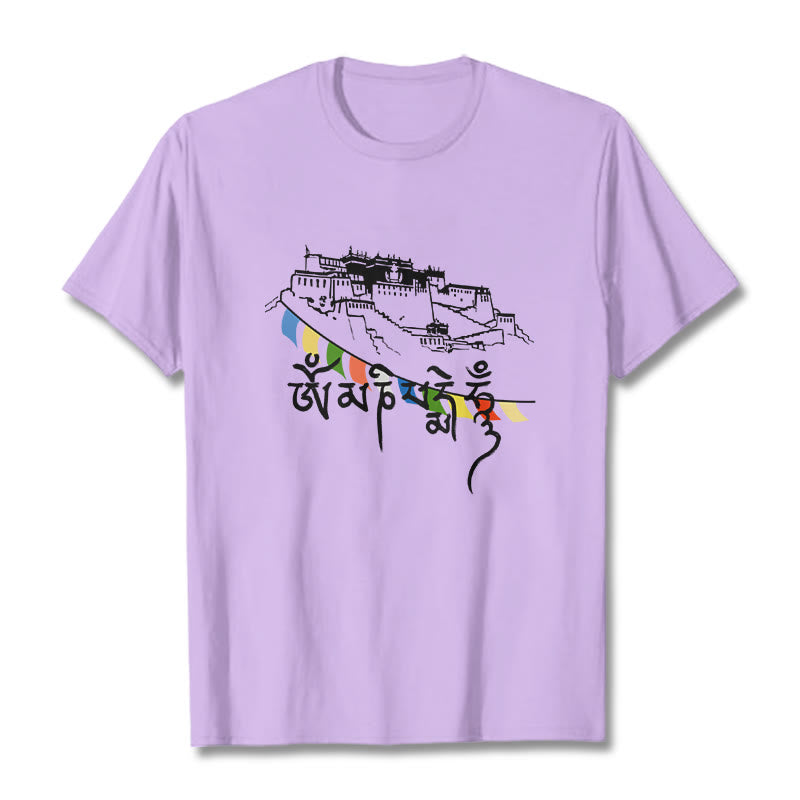 Camiseta de algodón con banderas de oración Om Mani Padme Hum y Buddha Stones en el Palacio de Potala - Ciruela - 2XL - image 17