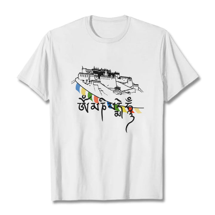 Camiseta de algodón con banderas de oración Om Mani Padme Hum y Buddha Stones en el Palacio de Potala - Blanco - 2XL - image 12
