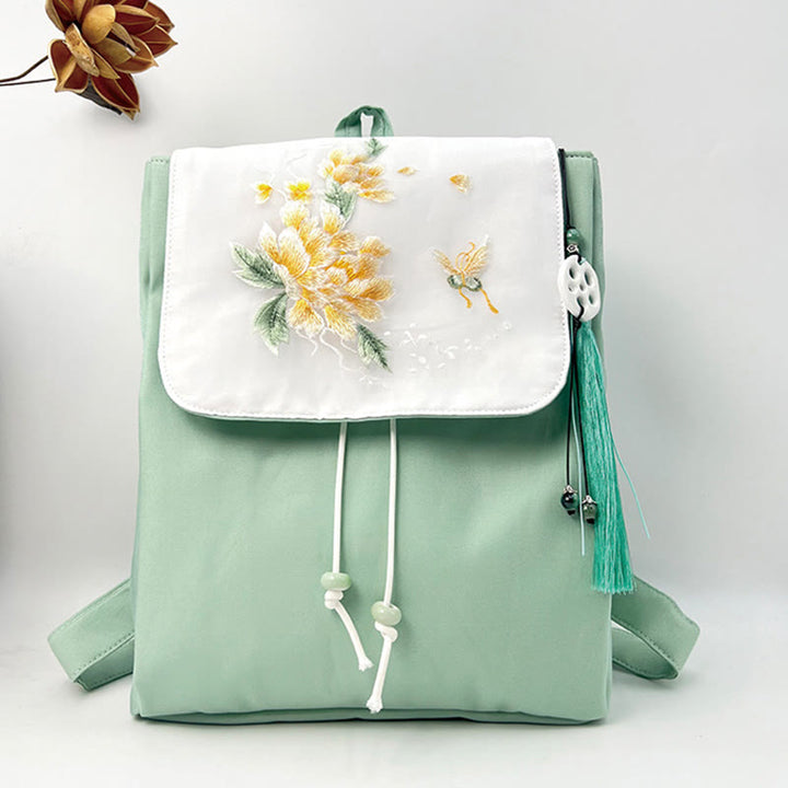 Mochila de lona de gran capacidad con bordado de flores de peonía verde hechas a mano con Buddha Stones