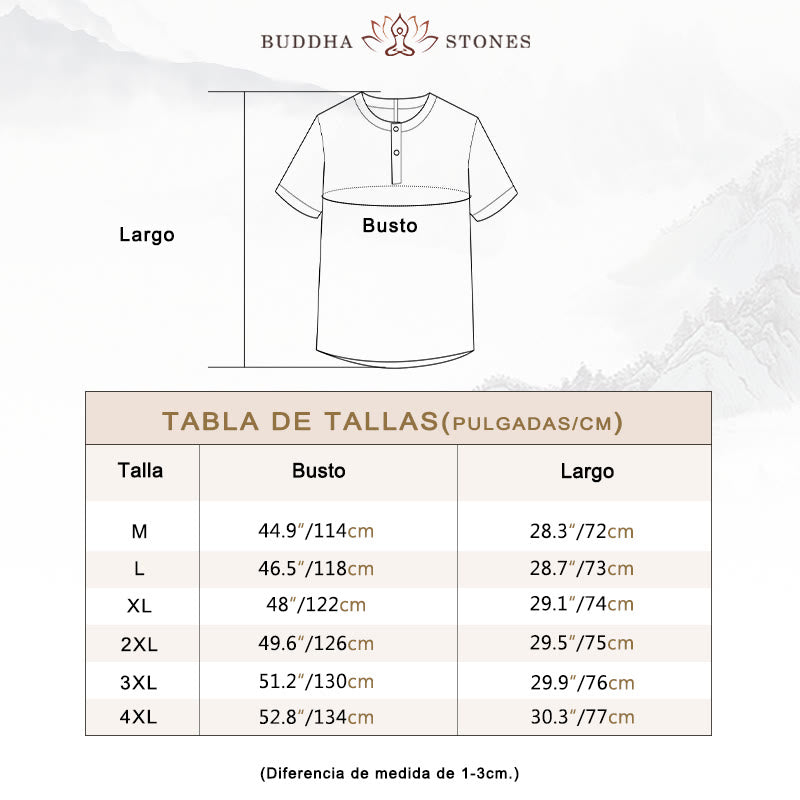 Buddha Stones Camisa de lino y algodón de manga corta con botones de color sólido para hombre de verano - image 3