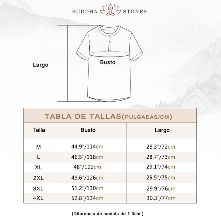 Buddha Stones Camisa de lino y algodón de manga corta con botones de color sólido para hombre de verano - image 3