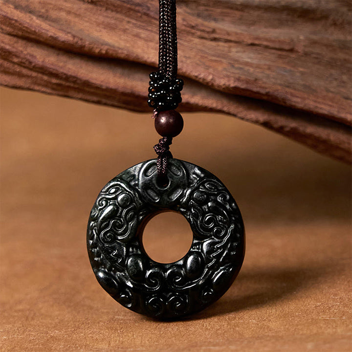 Collar con colgante de protección con hebilla de paz y jade PiXiu tibetano Nanyang con Buddha Stones - Jade negro-verde Nanyang - image 1