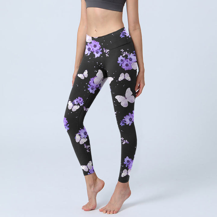 Leggings de yoga para mujer con estampado floral morado y mariposas de Buddha Stones - Negro - US18，UK/AU22，EU50 (4XL) - image 0