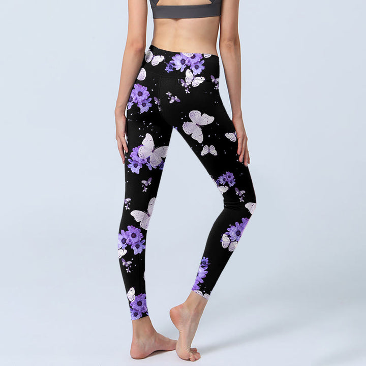 Leggings de yoga para mujer con estampado floral morado y mariposas de Buddha Stones - image 3