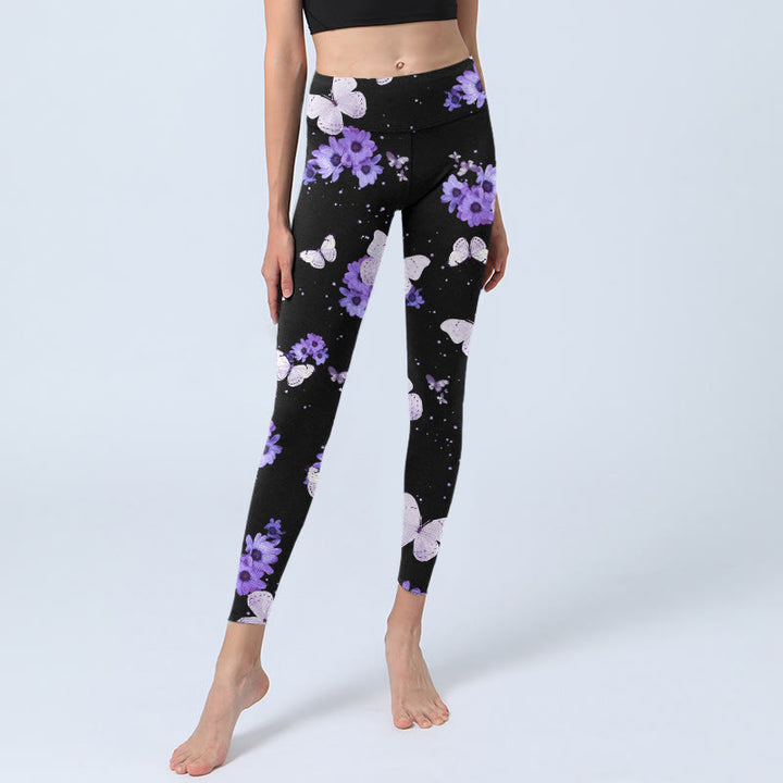 Leggings de yoga para mujer con estampado floral morado y mariposas de Buddha Stones - image 5