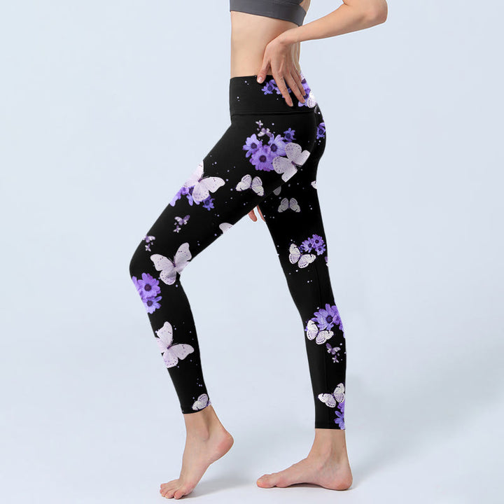 Leggings de yoga para mujer con estampado floral morado y mariposas de Buddha Stones - image 2