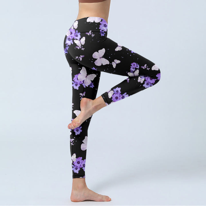 Leggings de yoga para mujer con estampado floral morado y mariposas de Buddha Stones - image 4