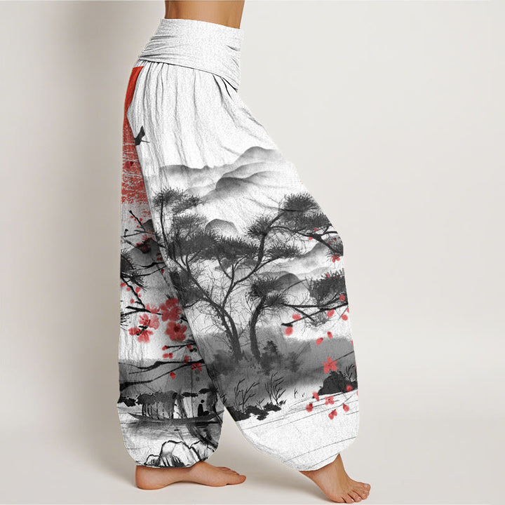 Pantalones harén con cintura elástica para mujer, informales, con estampado de flores de ciruelo rojo y montañas y sol, de Buddha Stones - image 2
