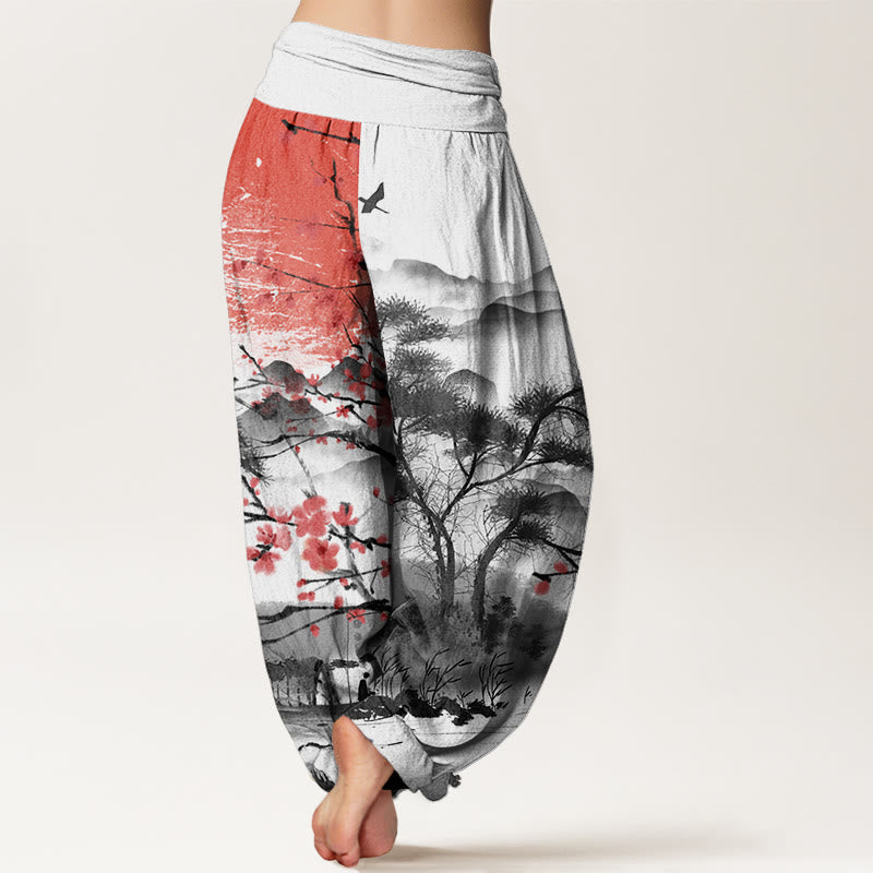 Pantalones harén con cintura elástica para mujer, informales, con estampado de flores de ciruelo rojo y montañas y sol, de Buddha Stones - image 1
