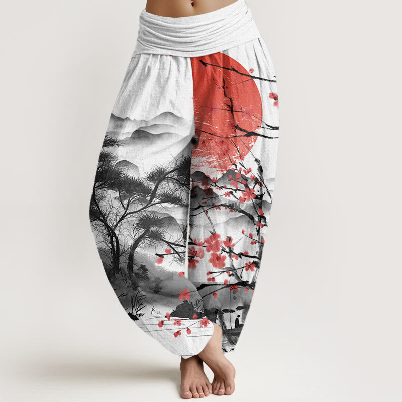 Pantalones harén con cintura elástica para mujer, informales, con estampado de flores de ciruelo rojo y montañas y sol, de Buddha Stones - Blanco - US22，UK/AU26，EU54 (6XL) - image 0