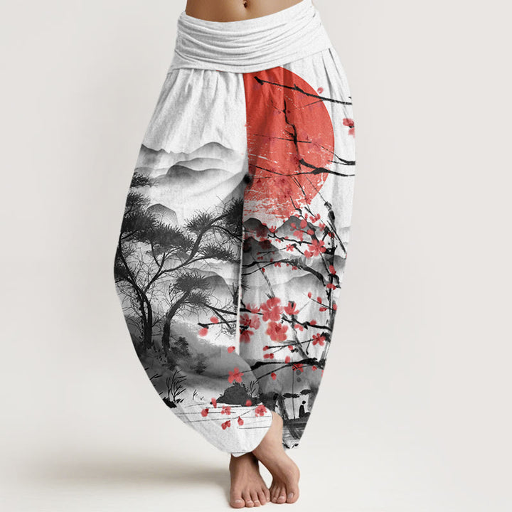 Pantalones harén con cintura elástica para mujer, informales, con estampado de flores de ciruelo rojo y montañas y sol, de Buddha Stones - Blanco - US22，UK/AU26，EU54 (6XL) - image 0
